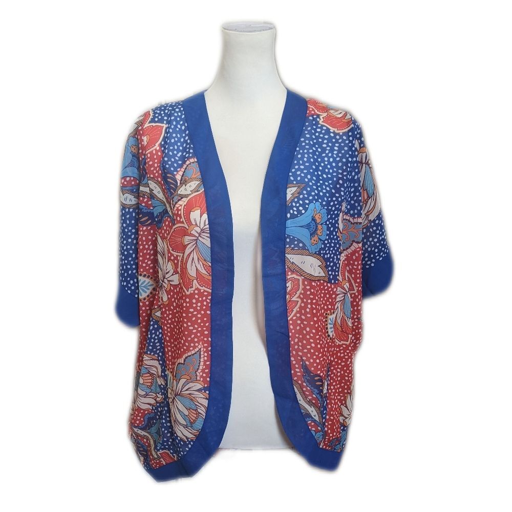 VENUS red & blue open front swim cover up kimono, floral pattern S